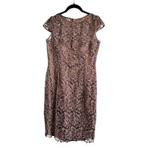 Adrianna Papell Dress Lace Overlay Shift Cap Sleeves Taupe Size 8 Occasion Dress